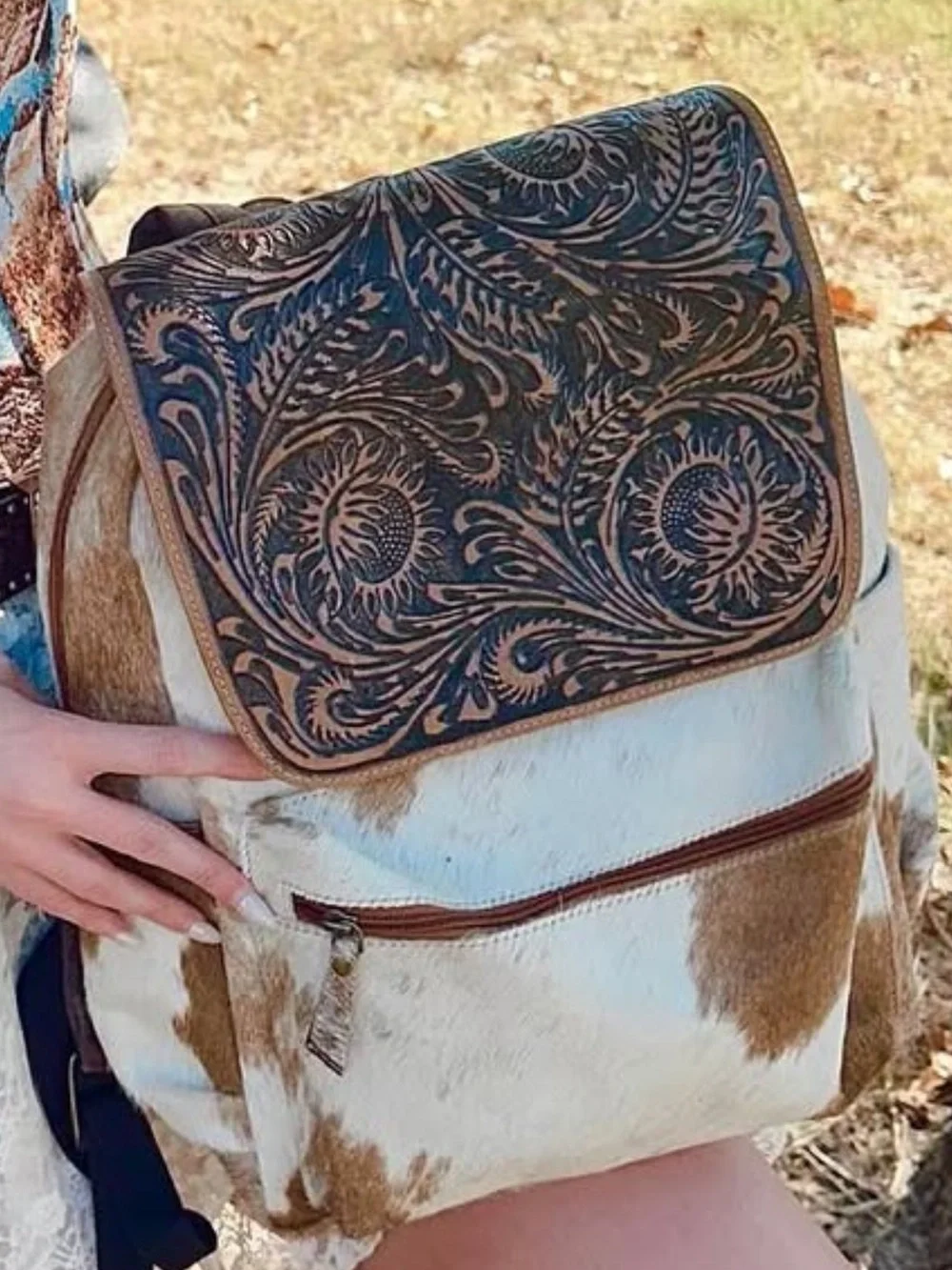 Myra Bag Brown & White Tooled Floral Cowhide Backpack